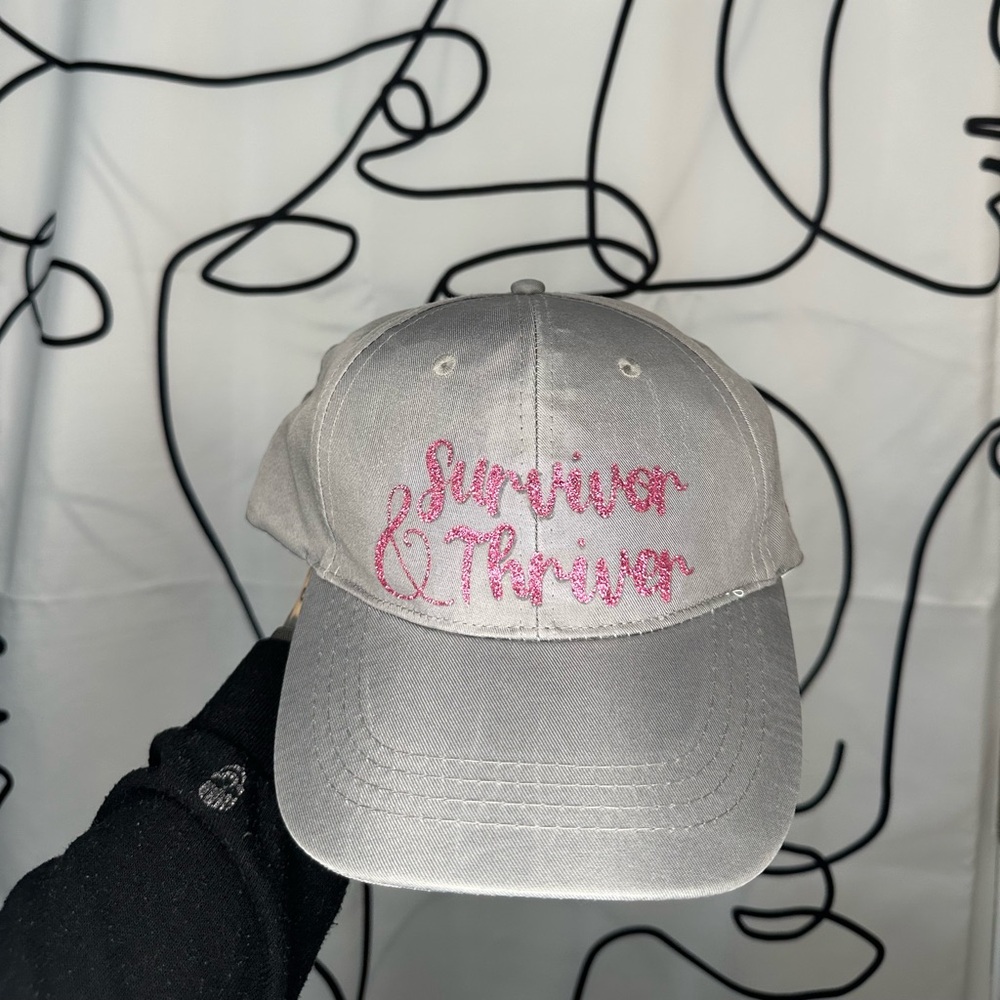 Pink Ribbon Breast Cancer Survivor Gray Cap with Pink glitter